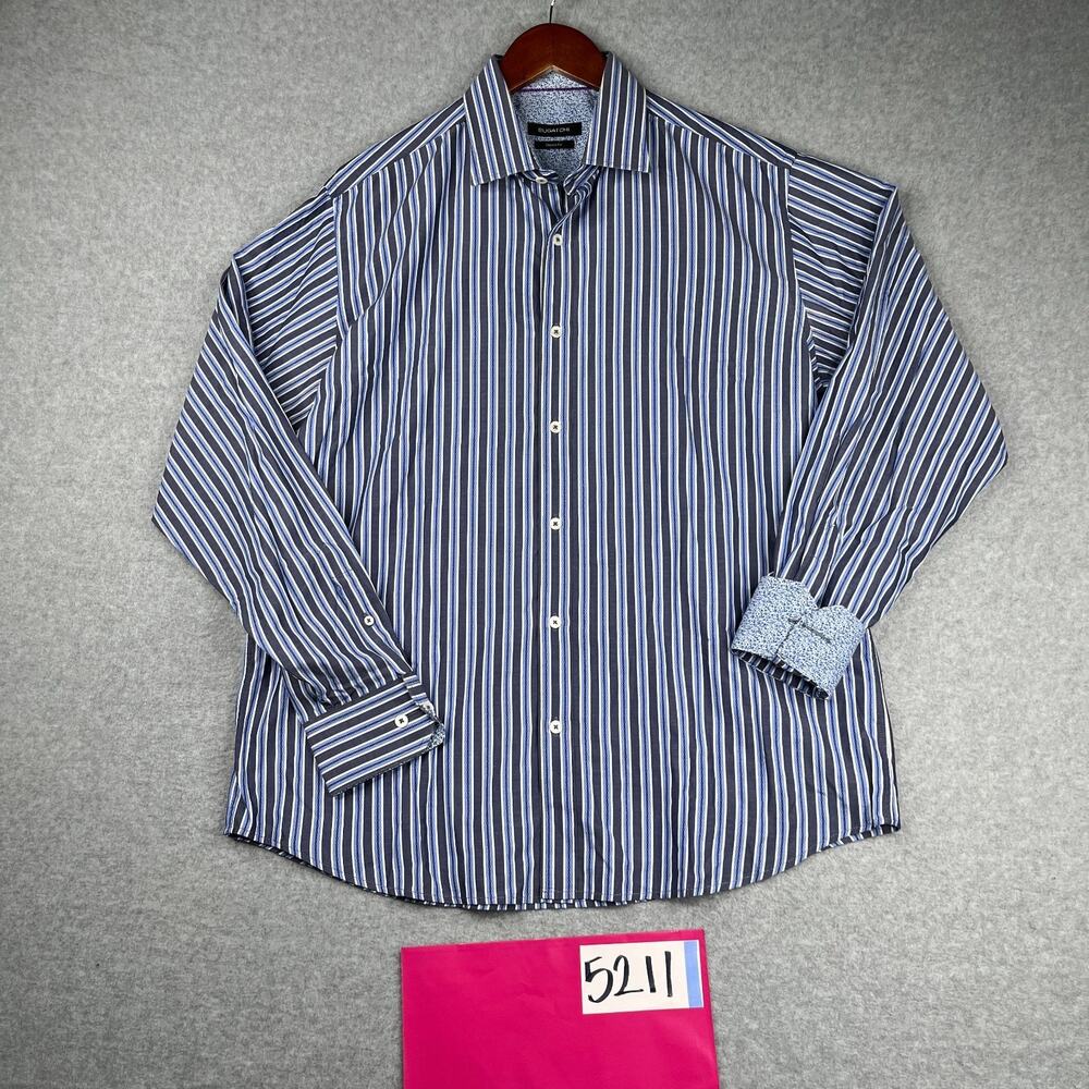 BUGATCHI Shirt Large Blue Striped Flip Cuff Classic Button Up Long Sleeve Mens